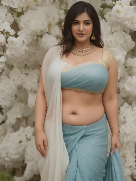 Indian bbw cute model 35 years old marriage women life like, high - resolution bbw women with a perfect figure Super fine face and eyes, slong hair, small Tank top White Colour saree, blue Colour Border Saree, Wearing a traditional saree, bulky figure, hug...