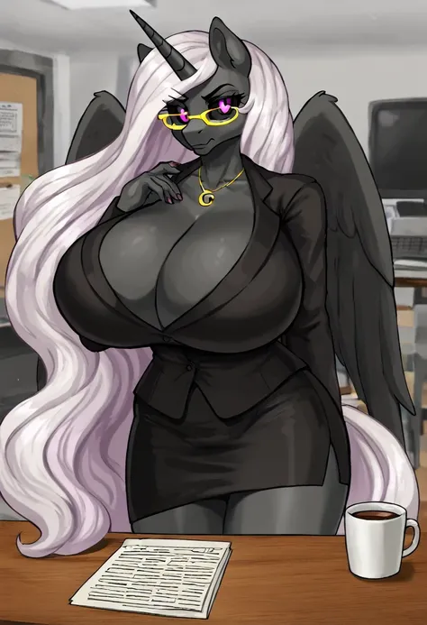 Alicorn princess, white mane,black sclera ,black body color  long flowing  mane pink eyes anthro huge breasts 
hot for teacher yellow glasses, black skirt suit,doing paperwork ,,writing ,office coffee cup on table ,computer  looking at viewer ,serious look