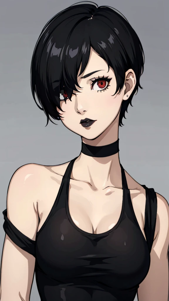 1 girl, red eyes, very Short hair, black choker,black lipstick, black lipstick, portrait, shy, black hair, huge breast, tank top, tomboy Pixie haircut, hair over one eye