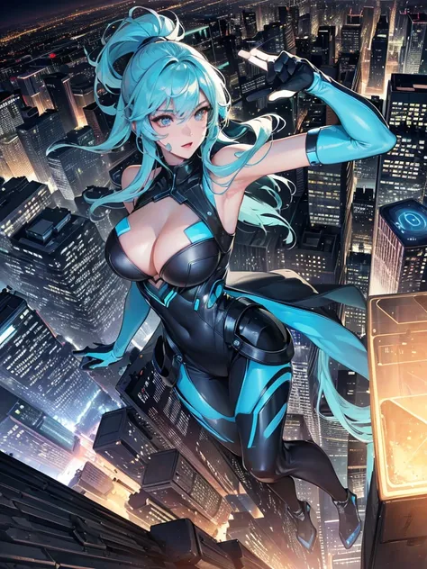 amazing lightning bolt beautiful woman, blue color, extremely huge bust, running on the empty street, luminous, reflective, hyper detailed, trending on artstation, intricate details, highly detailed, background big city with skyscrapers at night, super det...