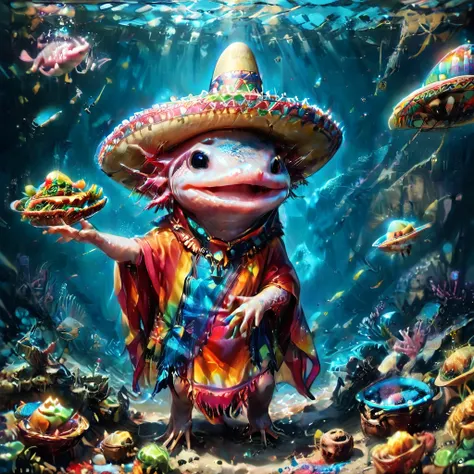 (masterpiece:1.5) axomdel2, a happy axolotl wearing sombrero and poncho, with details of tacos