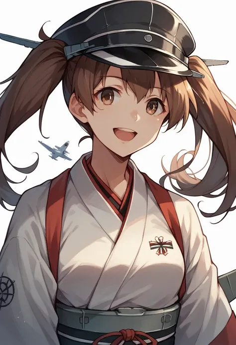 1 girl, ryuujou (kancolle), alone, Brown hair, Twin tails, brown eyes, Peaked cap, correct, open mouth, aircraft, smile, aircraft, White background, japanese clothes, simple backround, his post, upper body, Long hair