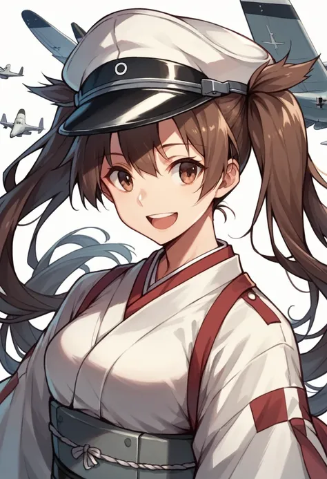 1 girl, ryuujou (kancolle), alone, Brown hair, Twin tails, brown eyes, Peaked cap, correct, open mouth, aircraft, smile, aircraft, White background, japanese clothes, simple backround, his post, upper body, Long hair