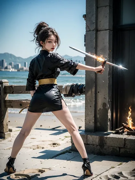 (Top quality，Ultra HD，lifelike: 1.4)，Wearing black and gold short qipao，Black high heels，High Ponytail，The girl with air bangs holds two samurai swords on beach，Close-up shot of running，Beautiful armed girl， (K-Pop Idol) ，Detailed face，opposition，Perfect a...