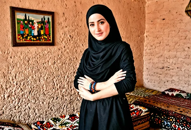 Pale skin Kurdish Esra bilgiç in hijab standing in village room bracelet embracing her ebony African baby 