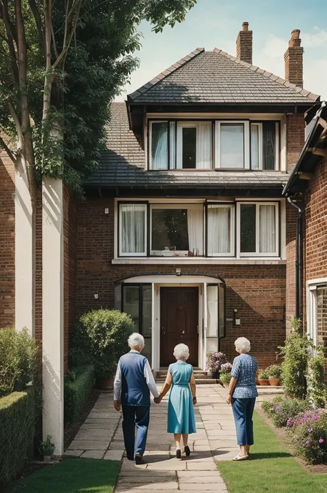 Many 20 old people coming into a house cartton illustration