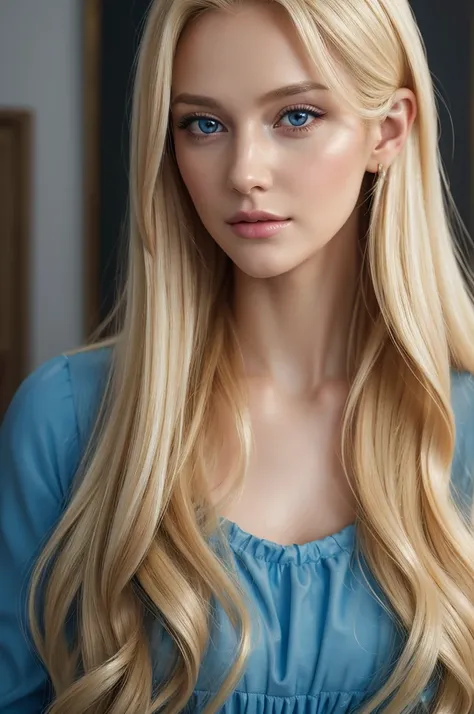 a close up of a woman with long blonde hair wearing a blue dress, beautiful realistic painting, ultra realistic oil painting, Beautiful blonde girl, realistic oil painting, ultra realistic digital painting, photorealistic oil painting, ultrarealistic oil p...