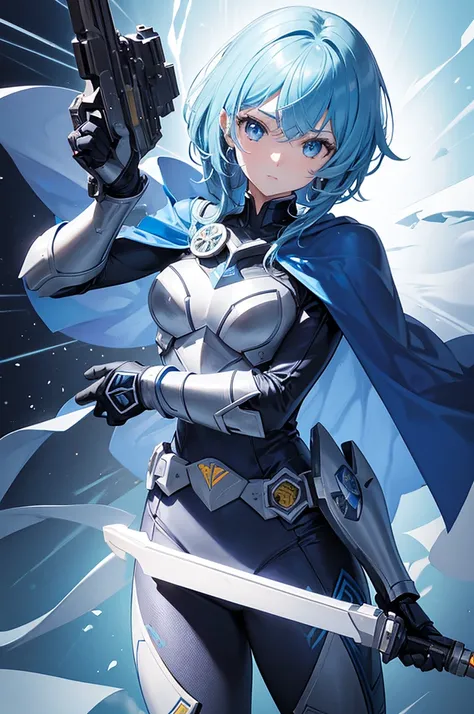 holding_handgun,knight,Blue Cape,Kamen Rider Style,fish emblem,{masterpiece},{best quality},{super detailed},{super fine illustration},beautiful background,perfect hands,perfect face,ass pov,Break she is shooting enemy by handgun.