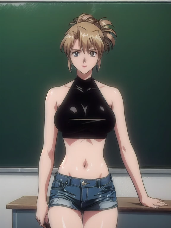 masterpiece, best quality, 1girl, looking at viewer, medium height, ultra detailed, cowboy shot, big head, folded ponytail, teac...