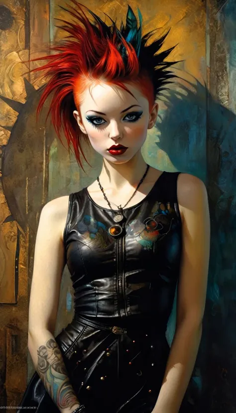 punk girl, eroticism, sex (best quality,4k,8k,highres,masterpiece:1.2),ultra-detailed,(realistic,photorealistic,photo-realistic:1.37),intricate details,vivid colors,sharp focus,professional,Dave McKean artwork, oil touch of surrealism,oil painting style,po...