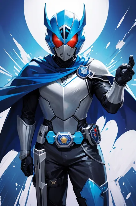 holding_handgun,knight,Blue Cape,Kamen Rider Style,fish emblem,{masterpiece},{best quality},{super detailed},{super fine illustration},beautiful background,{perfect hands},perfect face,Break HERO is shooting enemy by handgun.