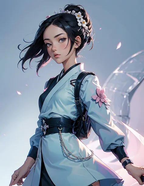 Portrait of an anime style girl with short black hair, dressed in a combination of traditional Japanese clothing and modern accessories. She is holding a katana and a backpack, and she has a flower in her hair. The background is soft and minimalistic, emph...