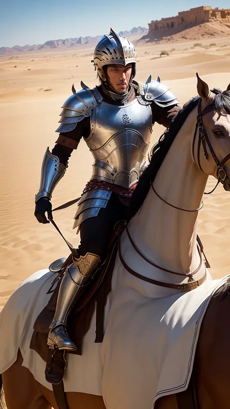 Man dressed in Roman armor falls from his horse, desert background 