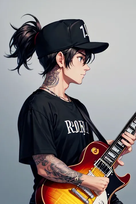 there is a man with a black cap , playing a les paul, profile pictureture 1024px, low quality image, Andres Rios, profile picture, wearing a black rock band t-shirt, 27 years old, with tattoos