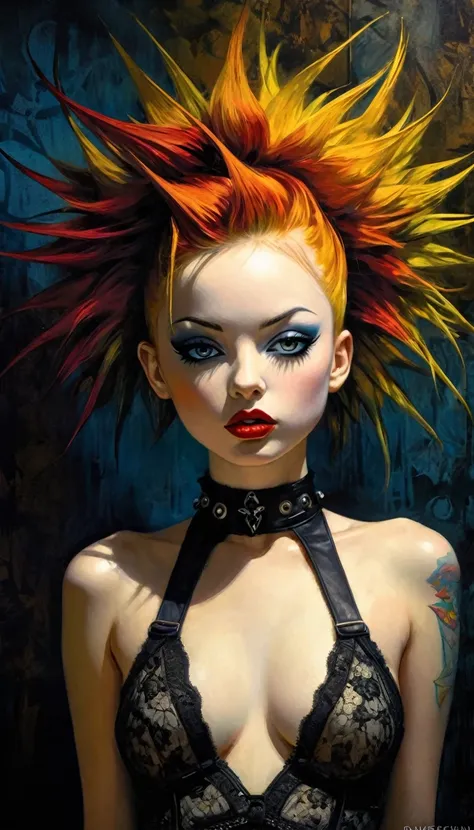 punk girl, eroticism, lingerie, sex sex sex (best quality,4k,8k,highres,masterpiece:1.2),ultra-detailed,(realistic,photorealistic,photo-realistic:1.37),intricate details,vivid colors,sharp focus,professional,Dave McKean artwork, oil touch of surrealism,oil...