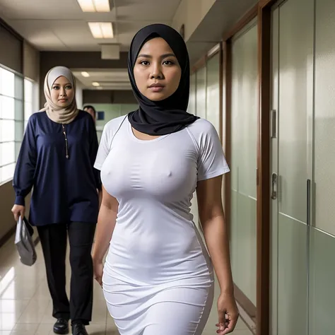 2women Old, Hijab lesbian Indonesian mature woman, Big Tits : 96.9, Long-sleeveles Shirt, Slim body, Breast about To burst out, at School Corridor, Bright light, at Daytime