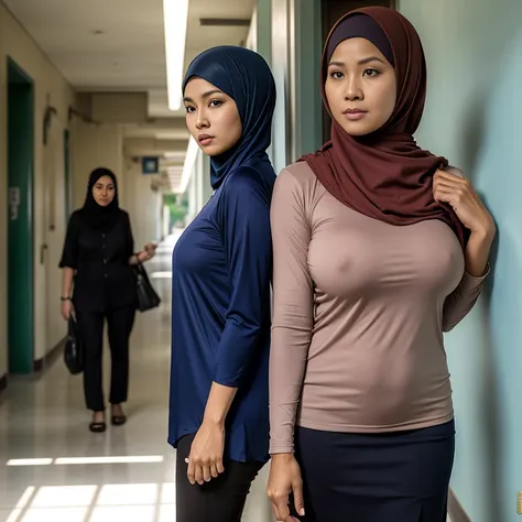 2women Old, Hijab lesbian Indonesian mature woman, Big Tits : 96.9, Long-sleeveles Shirt, Slim body, Breast about To burst out, at School Corridor, Bright light, at Daytime