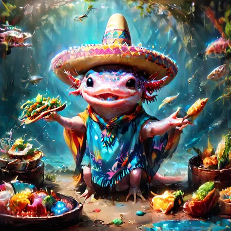 (masterpiece:1.5) axomdel2, a happy axolotl wearing sombrero and poncho, with details of tacos