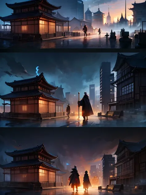 Anime style city scene with a man in a cloak, Ghosts of Tsushima, Traditional Japanese concept art, Dreamy city in China, Ancient Chinese Town, Axe and the World of Bloodborne, Cyberpunk Chinese Temple, 4k resolution concept art, Chinese cities, 4K Concept...