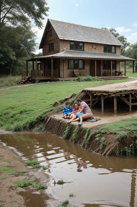 a Poor mother sleeping in mud and some water with children in. cottage 