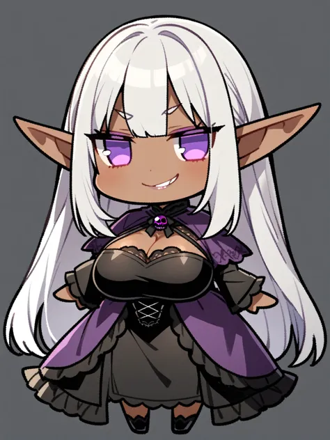 {{{kame (kamepan44231), full body, no humans, chibi, jitome, fumo (doll)}}}, 1 woman, elf, solo, tan skin, silver hair, purple eyes, lips, big breasts, curvy, smirk, cruel, looking at viewer, black victorian dress, purple cloak, blank background, white bac...