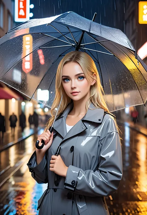 Beautiful blonde test woman with gray eyes is holding an umbrella in the rain in the middle of the city at night 