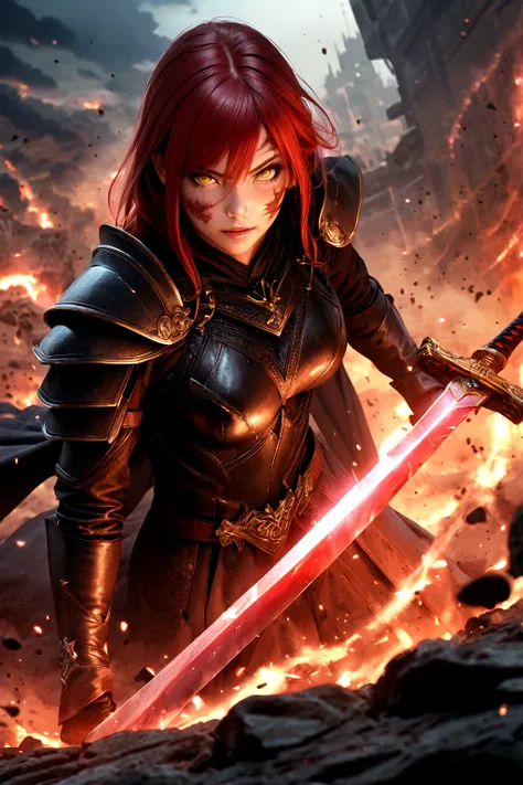 best quality,4k,8k,highres,masterpiece:1.2),ultra-detailed,(realistic,photorealistic,photo-realistic:1.37),Human inquisitor,female,long red hair,scars on face,yellow eyes,black armor,coat,majestic,arrogant,evil,dark fantasy,sword,threatening shadows,dark a...