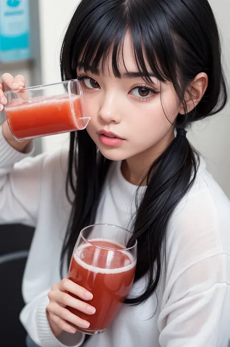 Girl with black hair drinking juice