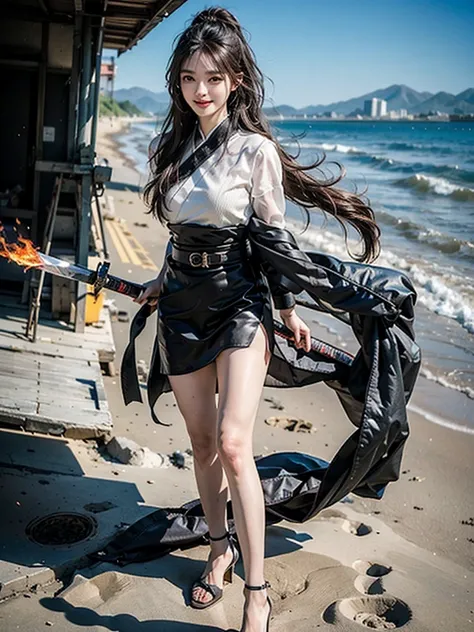 (Top quality，ultra HD，lifelike: 1.4)，Wearing black and gold short qipao，Black high heels，High Ponytail，The girl with air bangs holds two samurai swords on beach，Close-up shot of running，Beautiful armed girl， (K-Pop Idol) ，Detailed face，opposition，Perfect a...