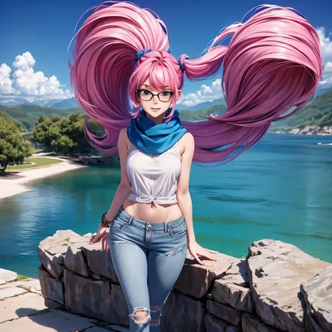 A young Caucasian woman with long, vibrant pink hair wearing glasses, a blue scarf, a white shirt, short blue jeans, and a white top on a dock overlooking a body of water