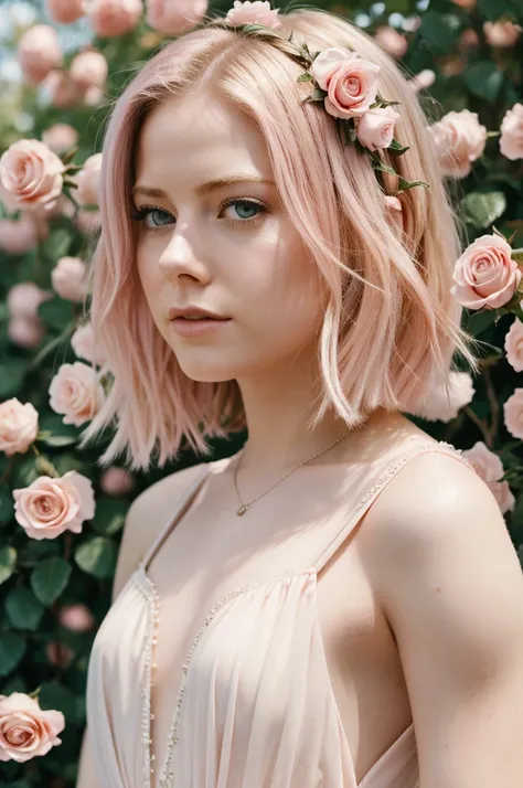 8K, RAW photos, Fujifilm, Fashion photo of a beautiful young woman Avril Lavigne in a light pink rose garden (Very delicate skin: 1.2) Style - Petal BREAK Short Hair, Blonde, Wearing a dress, Film granulation, 35 mm, Cute style