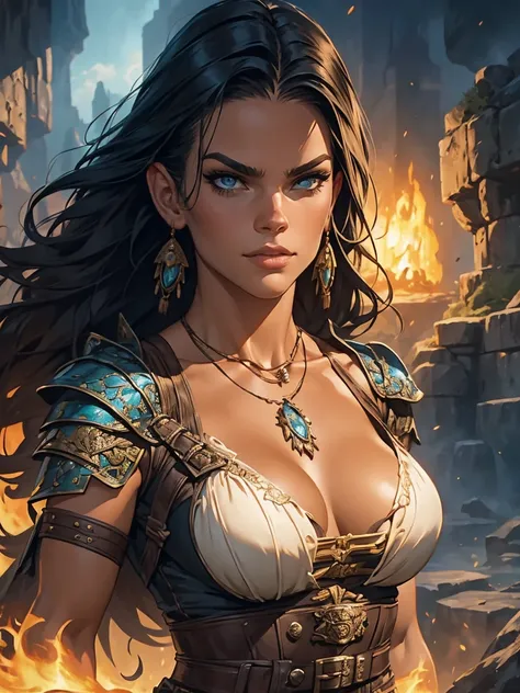 a young woman from the early 18th century based on michelle rodriguez, dungeons and dragons 5th edition fantasy illustration, hi...