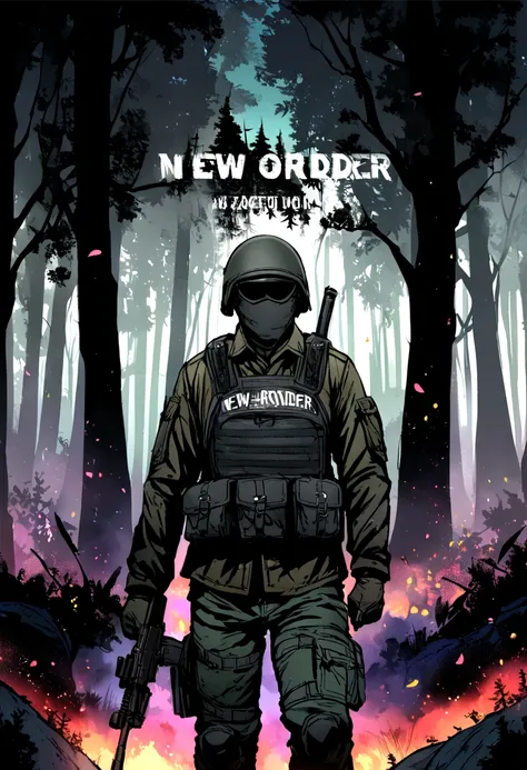 ((DayZ)), Soldier, slogan(New Order), dark forest, 