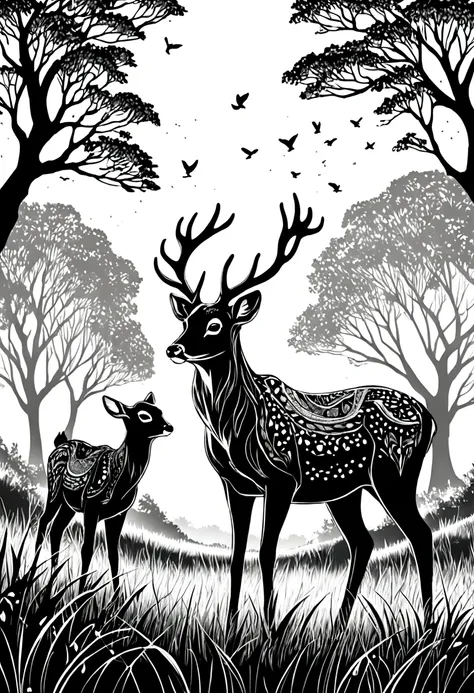 Deer on the grassland，Black and white line drawing，Line Art