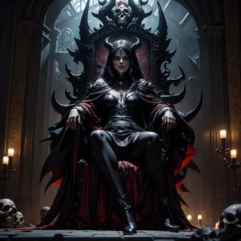 A  devil sitting on a throne, around him some dark sexy witches with black pantyhose, with a disturbing appearance, on the ground in front of the throne there are some skulls