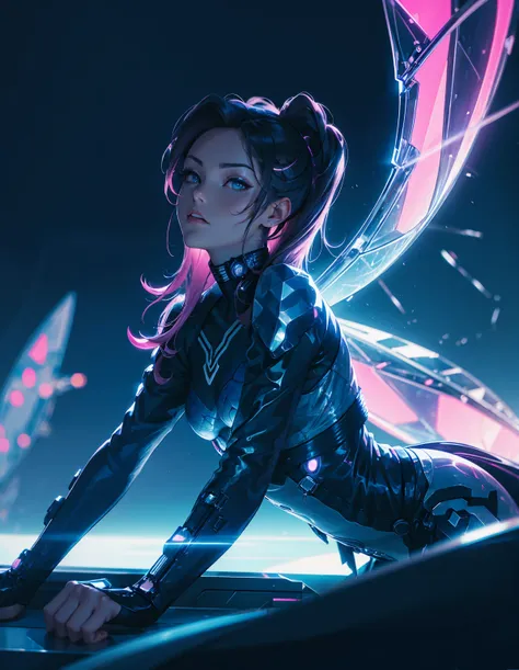 A cyberpunk girl with a futuristic look, featuring mechanical wings and horns, sitting in a dynamic pose. She has dark hair with neon highlights and is wearing a black outfit with a blue jacket. The background is a simple vibrant, neon-lit cityscape with b...