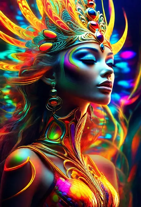 an ethereal goddess submerged in a psychedelic dream, trippy clipart images, neon lights, kaleidoscopic effects, floating in a s...