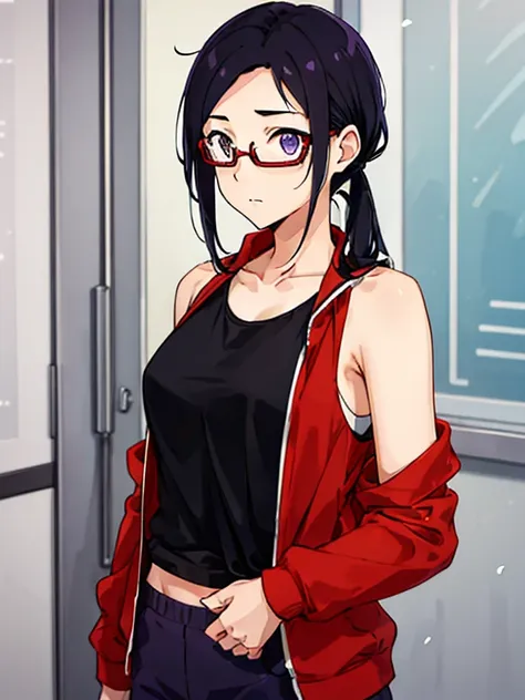 1girl, satou sakie, black hair, purple eyes, glasses, red track jacket, black tank top, open clothes