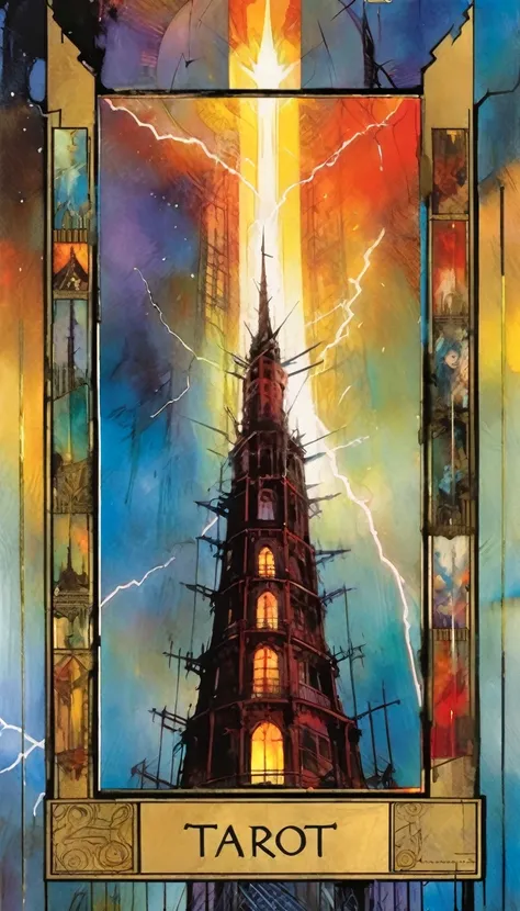 ((tarot card)) THE TOWER ((card frame)), lightning strikes the tower, work by Bill Sienkiewicz, vivid colors, intricate details, oil.
