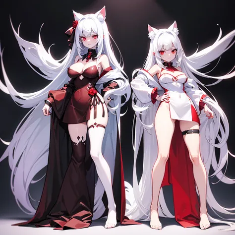 Girl with long, loose white hair. White cat ears on her head and red eyes. Black and red wrap dress with rose details, long and open on the sides of the legs. White furry cat tail with a brown tip. Slender body and large bust. Gothic vampire style. Full bo...