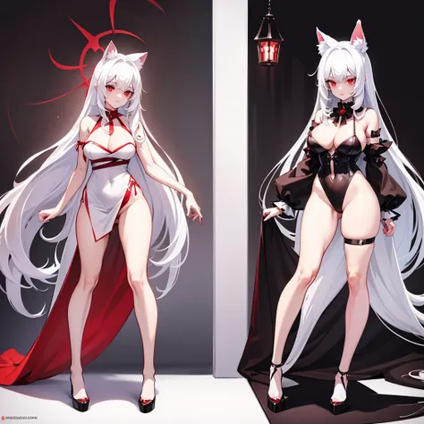 Girl with long, loose white hair. White cat ears on her head and red eyes. Black and red wrap dress with rose details, long and open on the sides of the legs. White furry cat tail with a brown tip. Slender body and large bust. Gothic vampire style. Full bo...