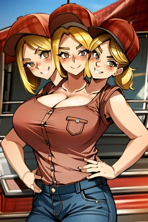 2heads, a short chubby woman with 2 heads. She has enormous breasts. She is wearing a red plaid flannel shirt and jeans. She is wearing a truckers hat. She is in a big truck. She has blonde hair in a ponytail. She has gigantic breasts. She is blushing. She...