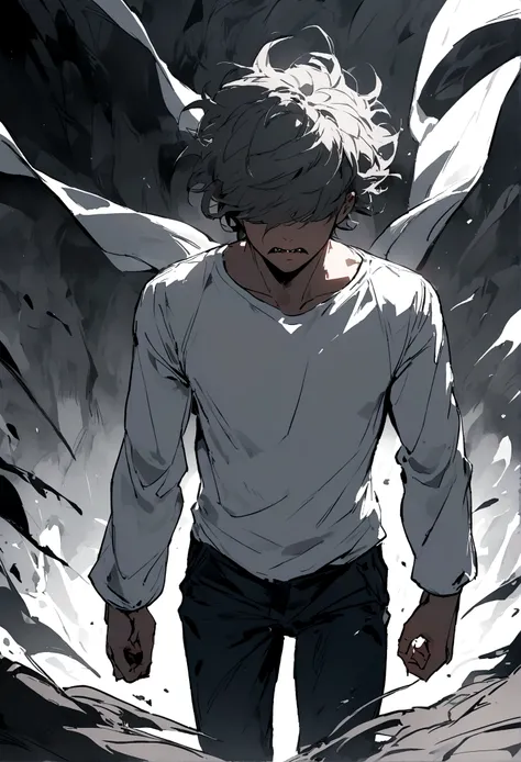 man, short dark gray hair, white long sleeve shirt, dark blue pants. His personality is dry and serious, highlighting his lifeless eyes.
Behind him are some white-looking demons with sharp teeth., apparently without eyes.