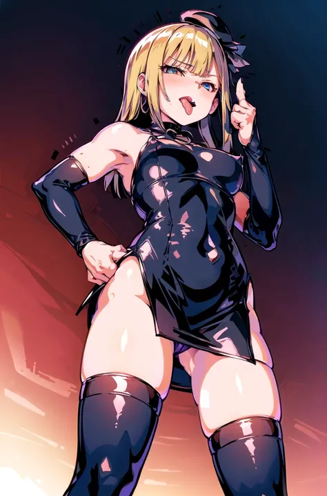 (最high quality, 8K, masterpiece: 1.3, Ultra HD, high quality, 最high quality, High resolution),1 girl,((Four Fingers,Middle finger:1.5)),(Five Fingers,Hands on hips:1.3),(Black bodycon dress:1.5),Black underwear:1.1,Micro Dress, Shiny Dress, (Elbow hand poc...