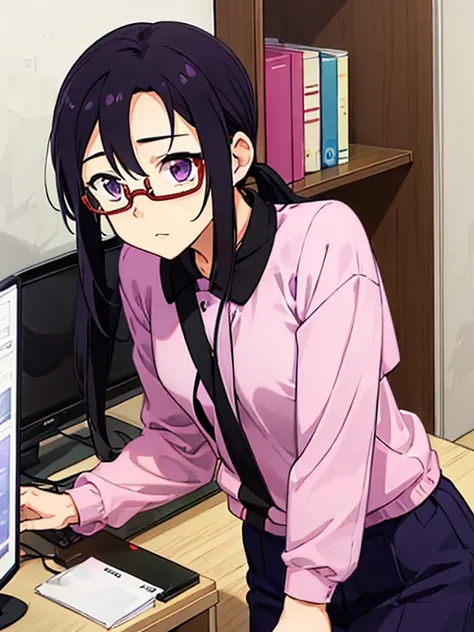 1girl, satou sakie,, long hair, black hair, (purple eyes:1.1), ponytail, glasses, semi-rimless eyewear, red-framed eyewear, unde...