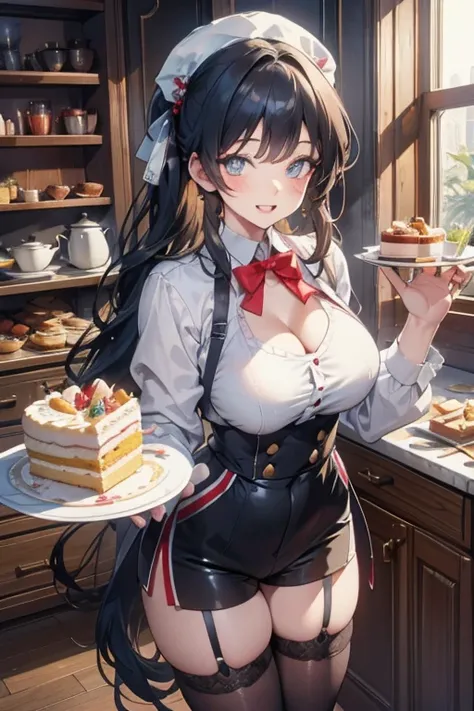 (dynamic angle:1.3, front view:1.1, breast focus:1.3, from above:1.1), (dynamic posing:1.2, sexy posing:1.2), (seductive smiling:1.3), ((looking at cake,Taking a cake out of the golden oven, worried about the outcome:1.2)),highest quality、(real、photorealis...