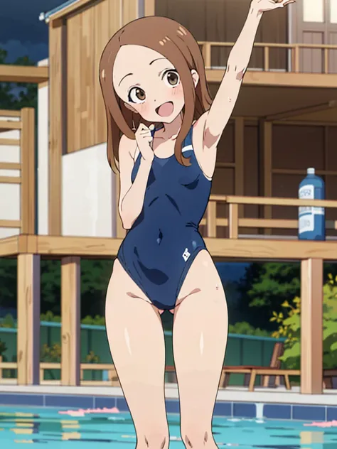 masterpiece, Highest quality, Very detailed, anime, girl,Night Pool,High cut swimsuit,smile,:d,action,Ass Focus, 1-takagi-san, 