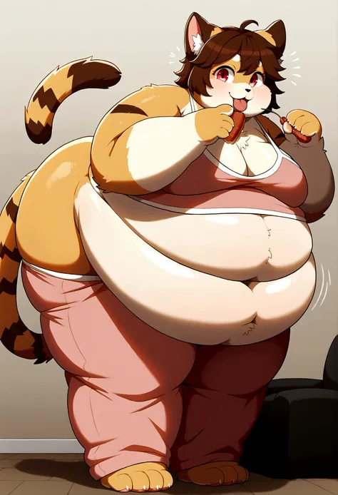 solo,simple background,brown hair,red eyes,1boy,looking at viewer,furry,animal ears,multicolored hair,red hair,full body,fat,cat boy,obesity,big,huge,massive,immobile,growing,expanding,commission,belly,gut,paws,meat mountain,extreme obesity,photo realistic...