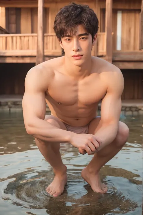 Photorealsitic, 8K full body portrait, body, a handsome, 18-year-old boy, A charming expression, detailed face details, topless, sexy, Brief underwear, TOKYOcty, Winters, Zoom in for a close-up, hot spring in japan