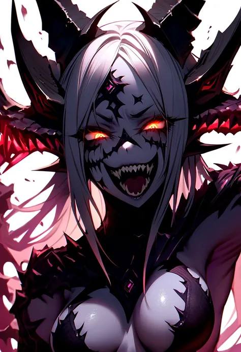 a female demonic mutant goddess of madness and fear, demonic mutant, insane expression, dark fantasy, extremely detailed face and eyes, sharp teeth, horns, glowing eyes, pale skin, faces on her body